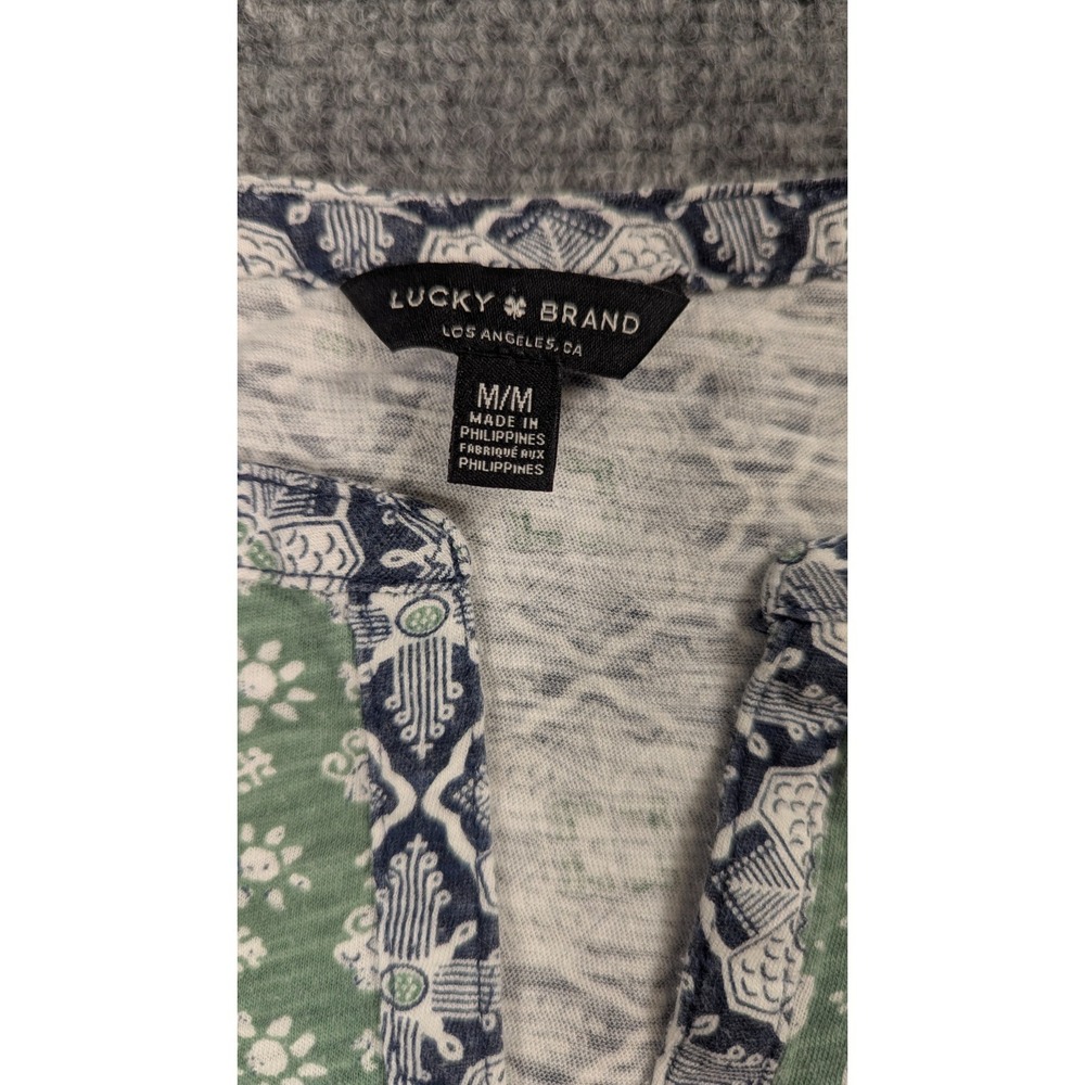 Lucky Brand Boho Print Womens Top Medium Blue Green Peasant Lightweight - Picture 2 of 5